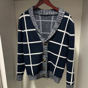 SHEIN Men's Blue and White Grid Cardigan